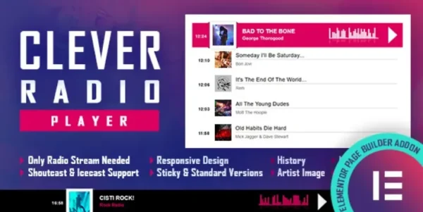 CLEVER (v2.4.1) HTML5 Radio Player With History – Shoutcast and Icecast – Elementor Widget Addon